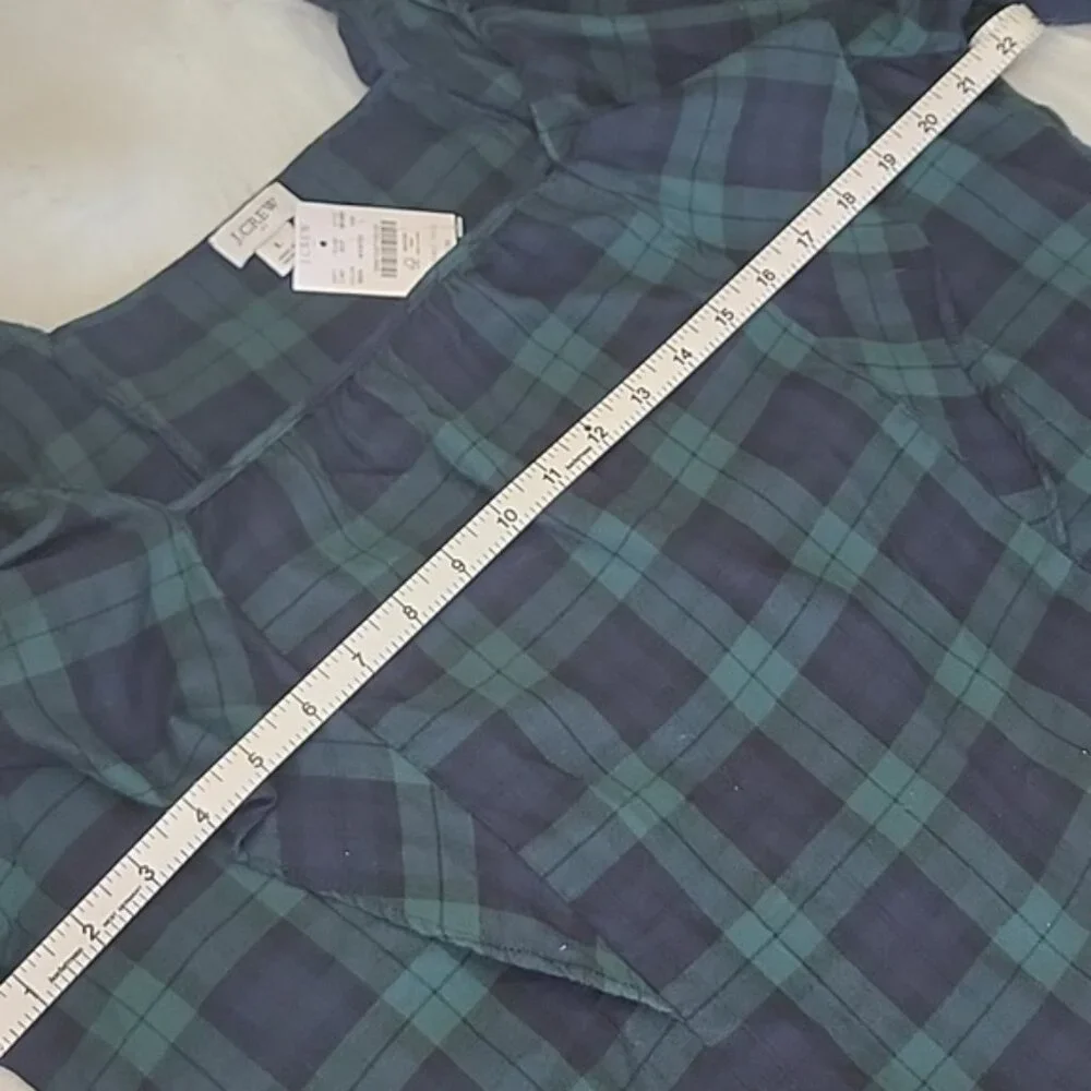 J.CREW Green Blue Tartan Plaid Square Neck Ruffle Long Sleeve Holiday‎ Blouse L